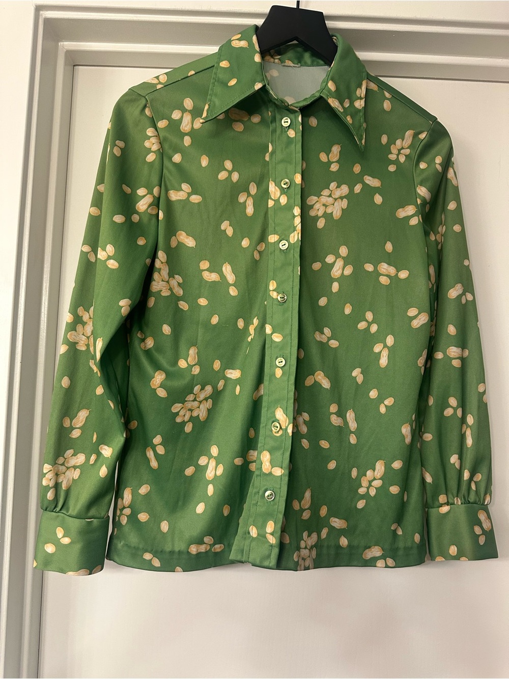 Vintage 70s Green Button-Up Blouse with Cream Dot Print